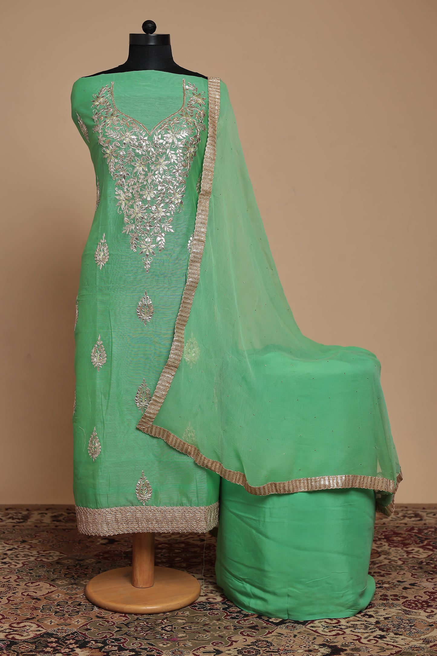 Mint Green Chanderi Silk Unstitched Salwar Suit Set with Elegant Silver Zari Embroidery & Dupatta