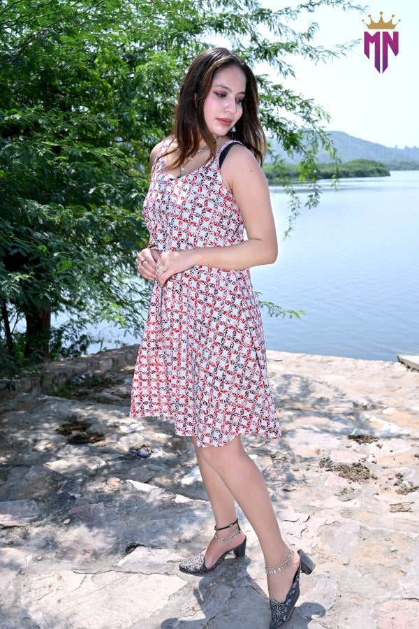 Women’s White & Red Printed Cotton Sleeveless A-Line Mini Dress | Casual Summer Dress