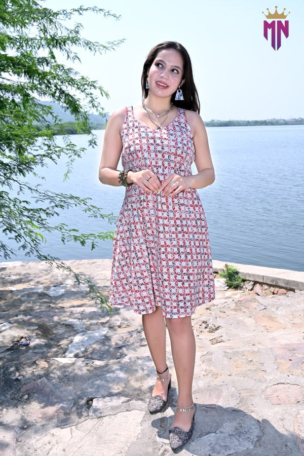 Women’s White & Red Printed Cotton Sleeveless A-Line Mini Dress | Casual Summer Dress