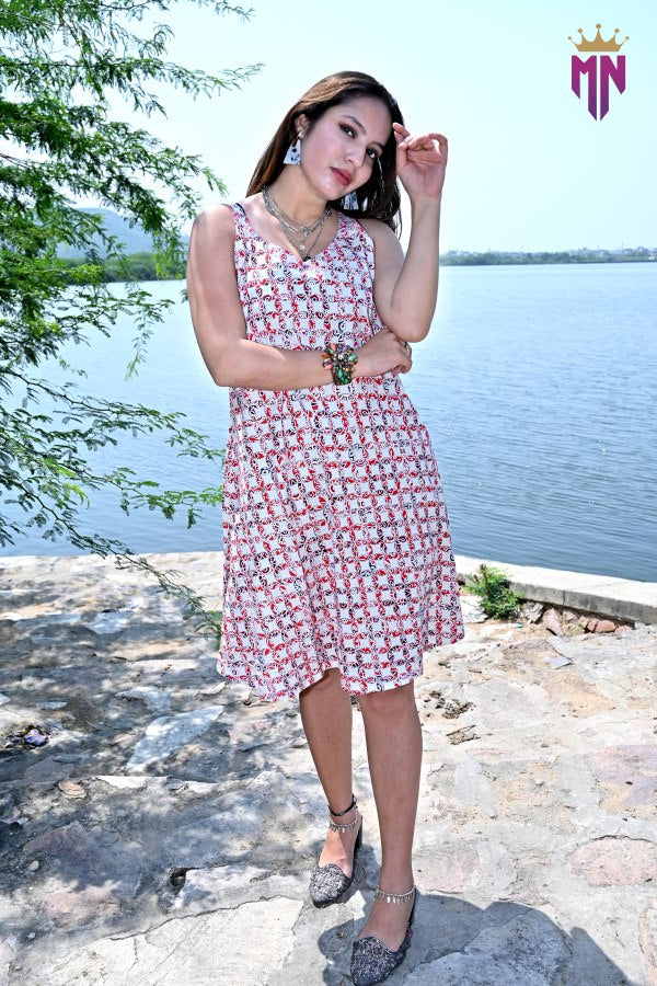 Women’s White & Red Printed Cotton Sleeveless A-Line Mini Dress | Casual Summer Dress
