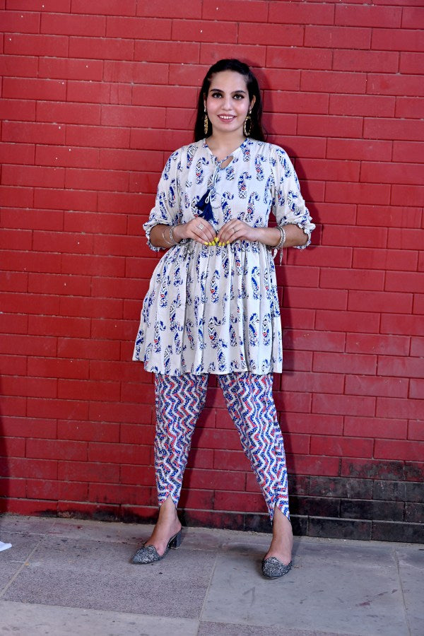 Cotton Dhoti Pant Kurta Set with Dupatta for Women | Blue & White Printed Ethnic Wear