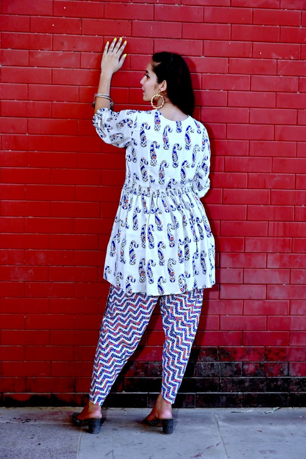 Cotton Dhoti Pant Kurta Set with Dupatta for Women | Blue & White Printed Ethnic Wear