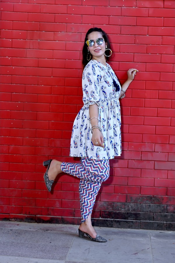 Cotton Dhoti Pant Kurta Set with Dupatta for Women | Blue & White Printed Ethnic Wear