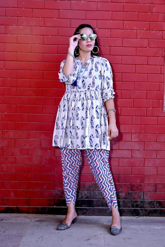 Cotton Dhoti Pant Kurta Set with Dupatta for Women | Blue & White Printed Ethnic Wear
