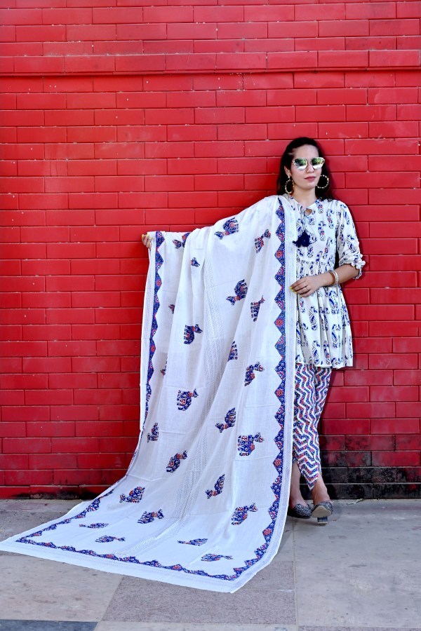Cotton Dhoti Pant Kurta Set with Dupatta for Women | Blue & White Printed Ethnic Wear