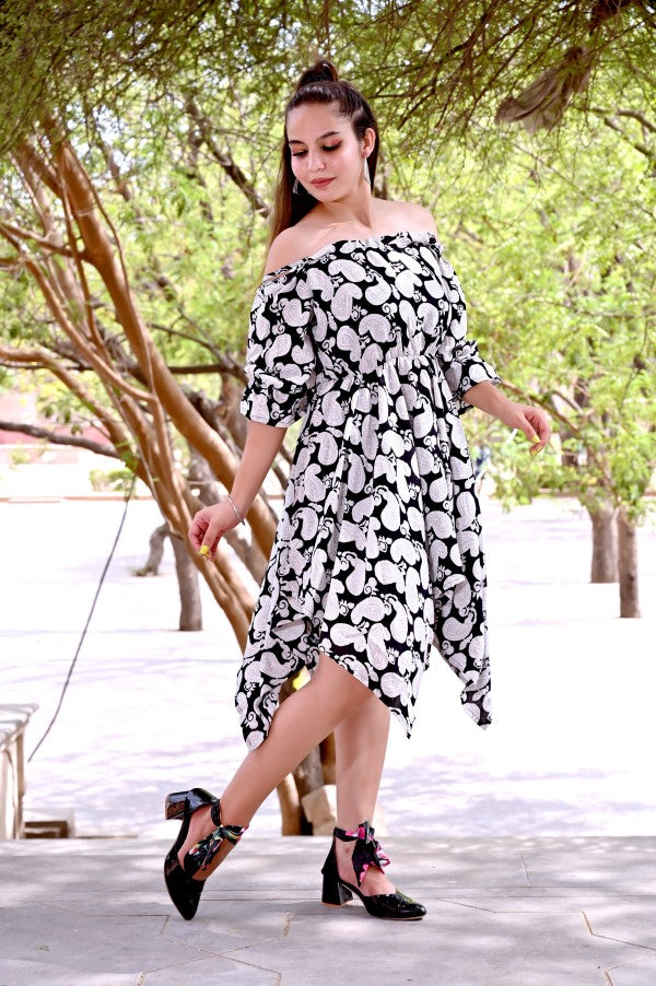 Women’s Black & White Off-Shoulder Cotton Printed Dress | Asymmetrical Hemline Casual & Party Wear Dress