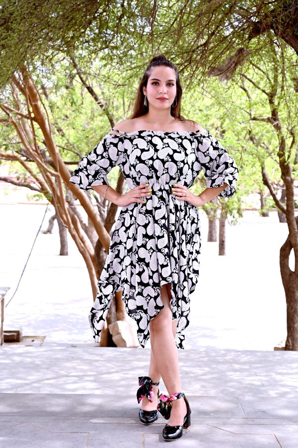 Women’s Black & White Off-Shoulder Cotton Printed Dress | Asymmetrical Hemline Casual & Party Wear Dress