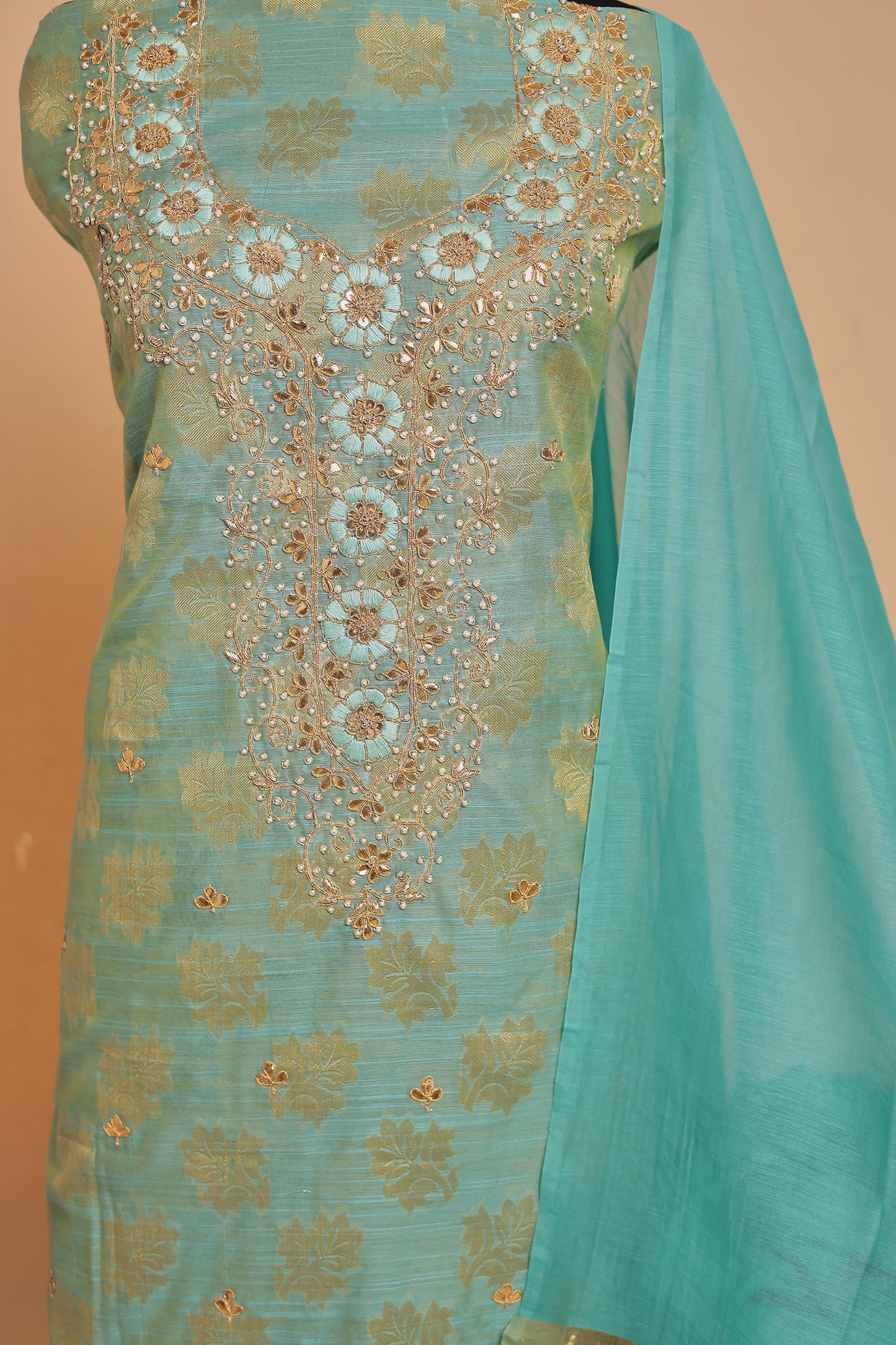 Luxury Pista Green Tissue Silk Unstitched Suit Set with Heavy Handwork & Zari Weaving