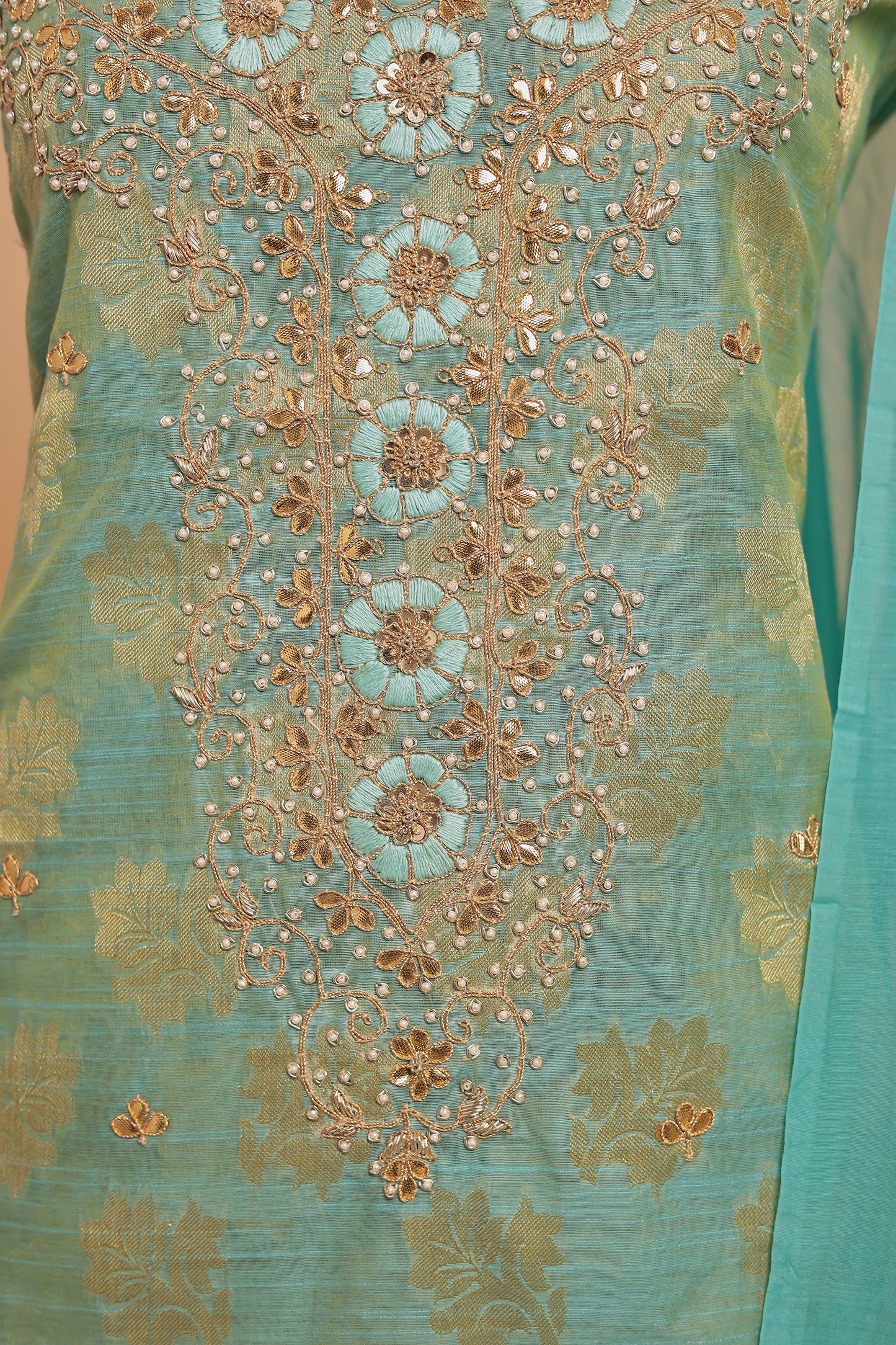 Luxury Pista Green Tissue Silk Unstitched Suit Set with Heavy Handwork & Zari Weaving
