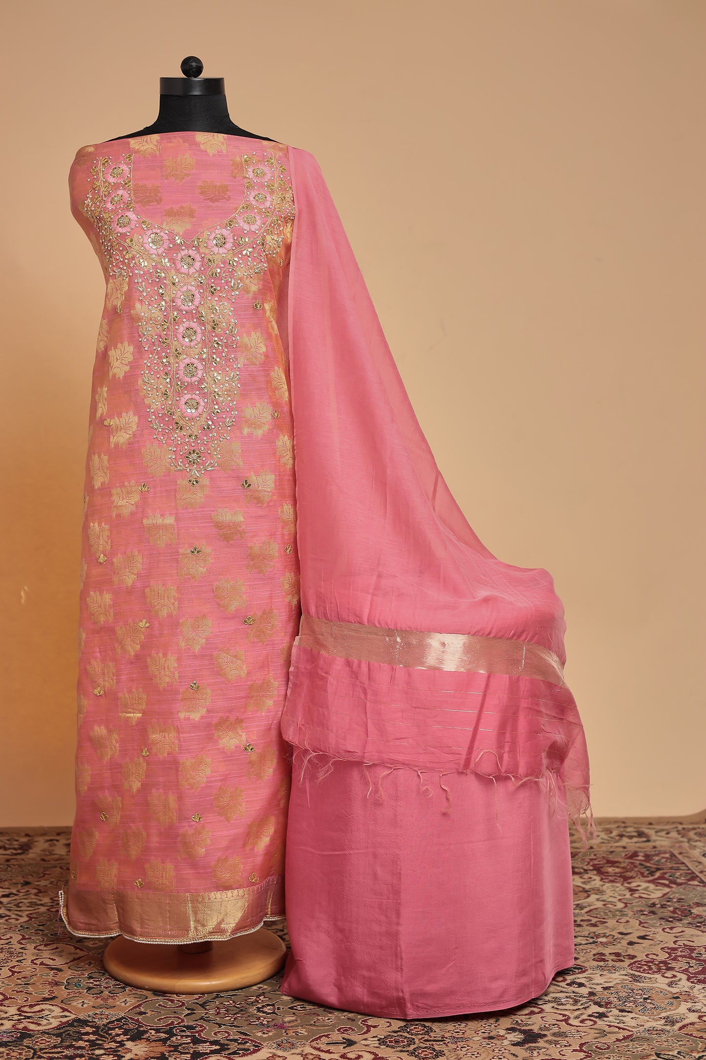 Luxurious Pink Banarasi Silk Unstitched Salwar Suit with Heavy Zari Weaving