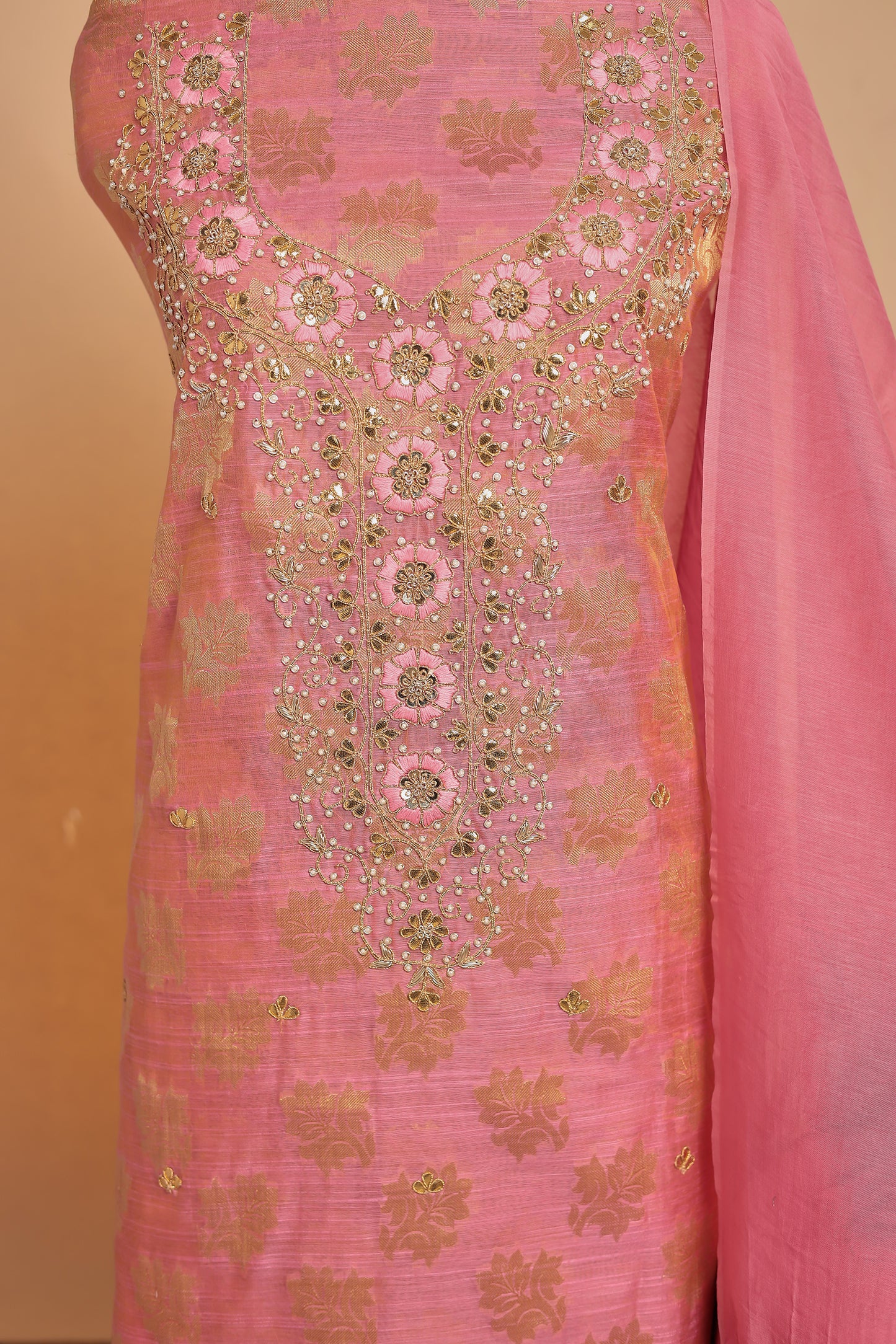Luxurious Pink Banarasi Silk Unstitched Salwar Suit with Heavy Zari Weaving