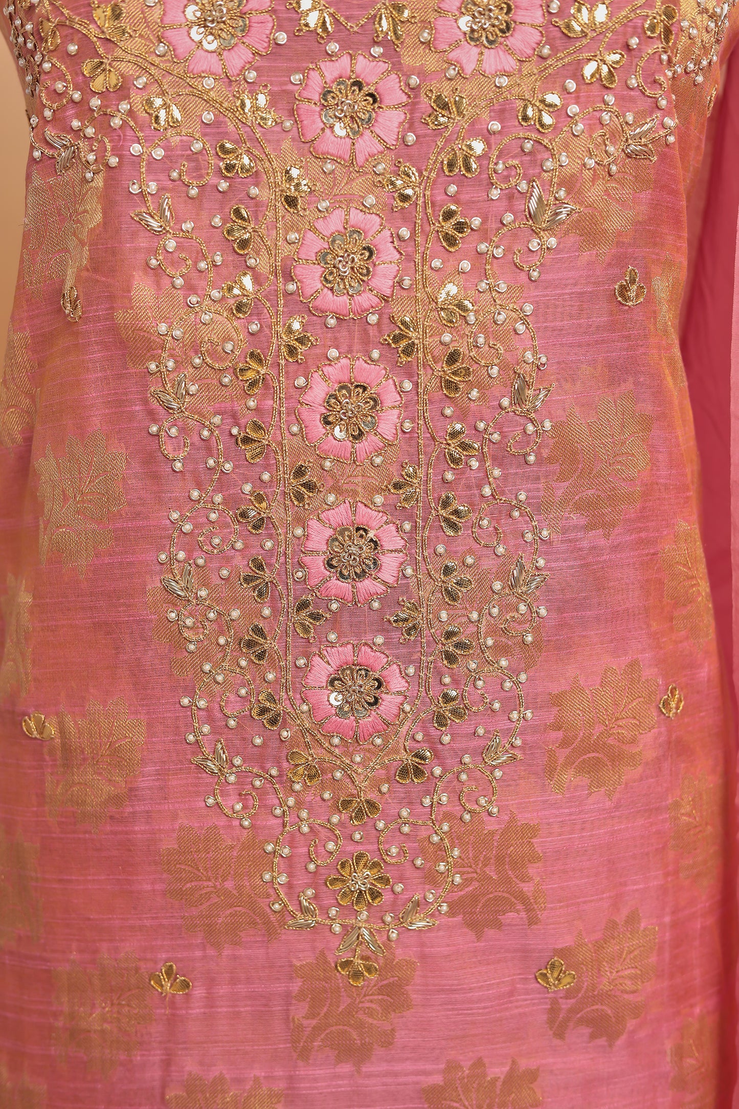 Luxurious Pink Banarasi Silk Unstitched Salwar Suit with Heavy Zari Weaving