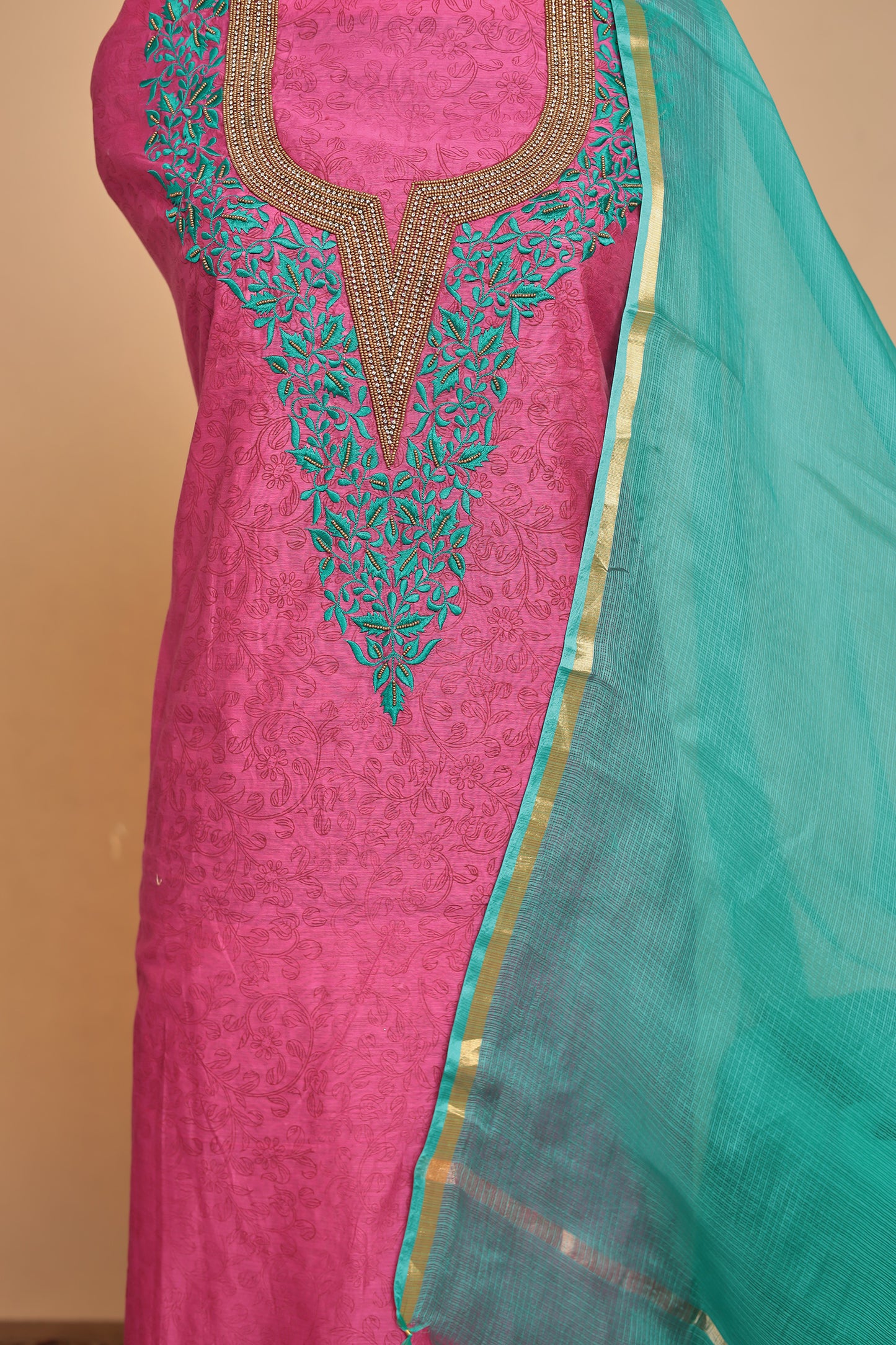 Designer Pink Unstitched Suit Set, 3-Piece Silk Blend Dress Material with Contrasting Turquoise Dupatta