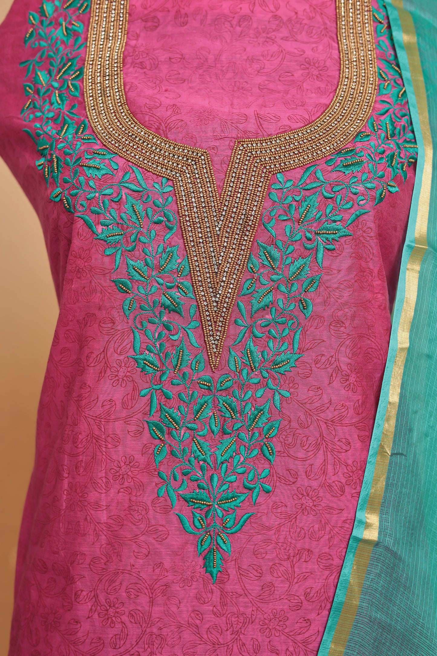 Designer Pink Unstitched Suit Set, 3-Piece Silk Blend Dress Material with Contrasting Turquoise Dupatta