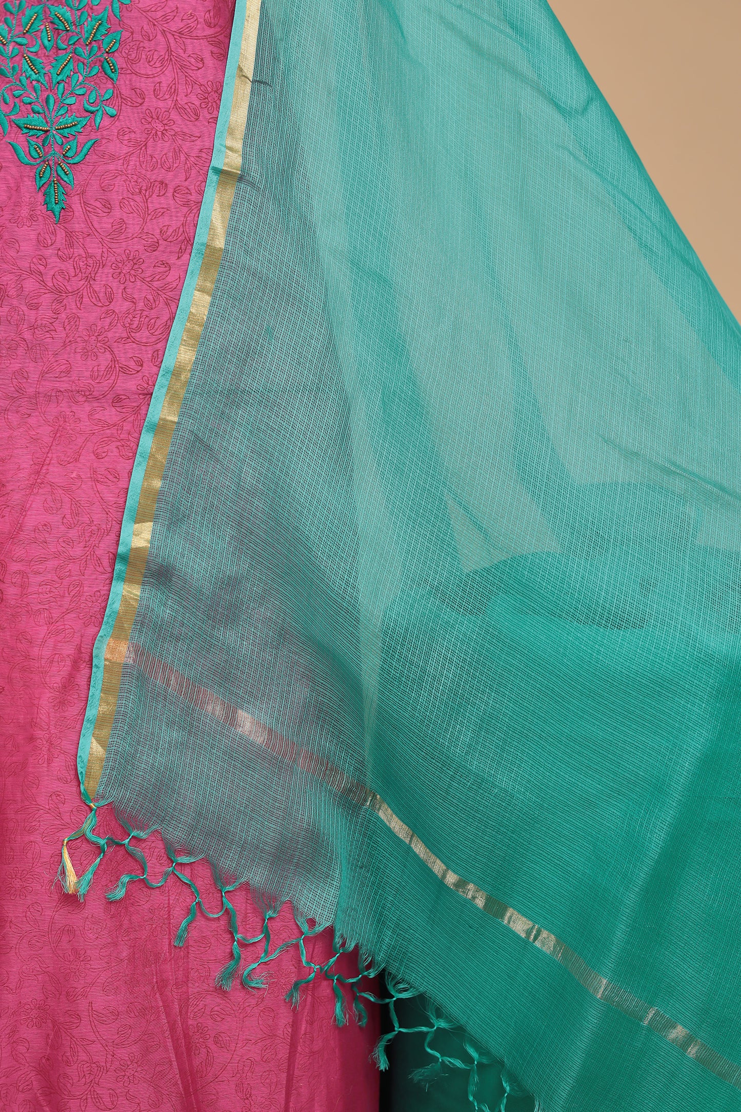 Designer Pink Unstitched Suit Set, 3-Piece Silk Blend Dress Material with Contrasting Turquoise Dupatta