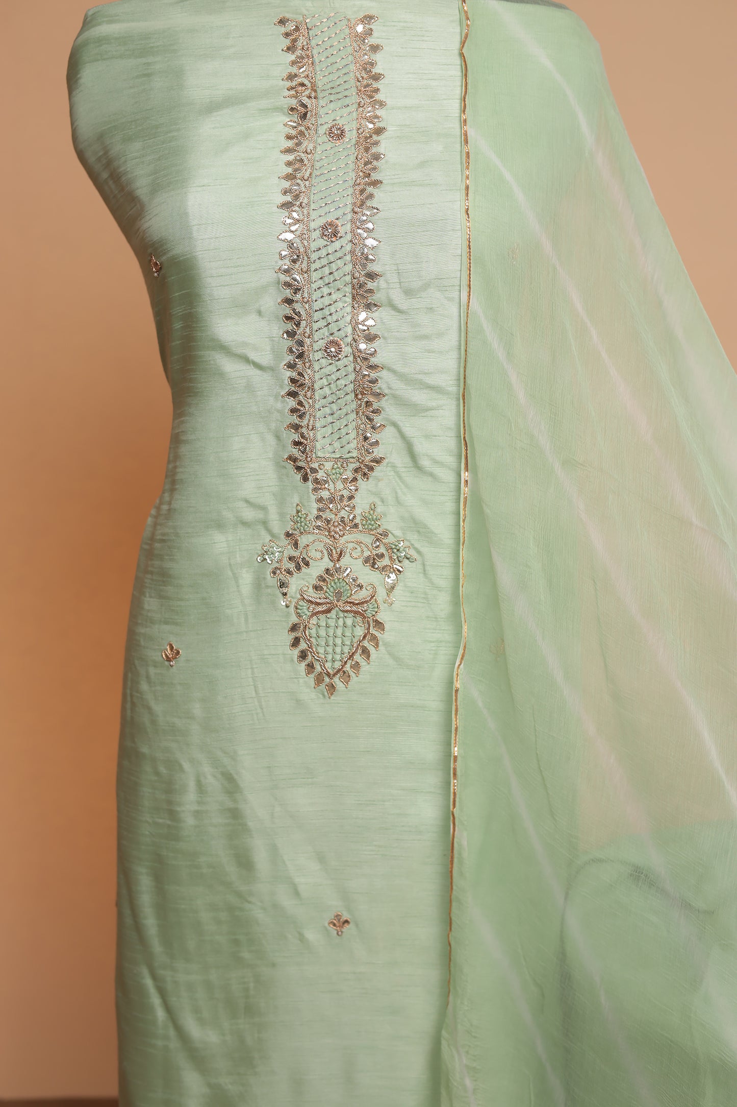 Pista Green Chanderi Silk Unstitched Suit Set with Heavy Resham Embroidery & Dupatta