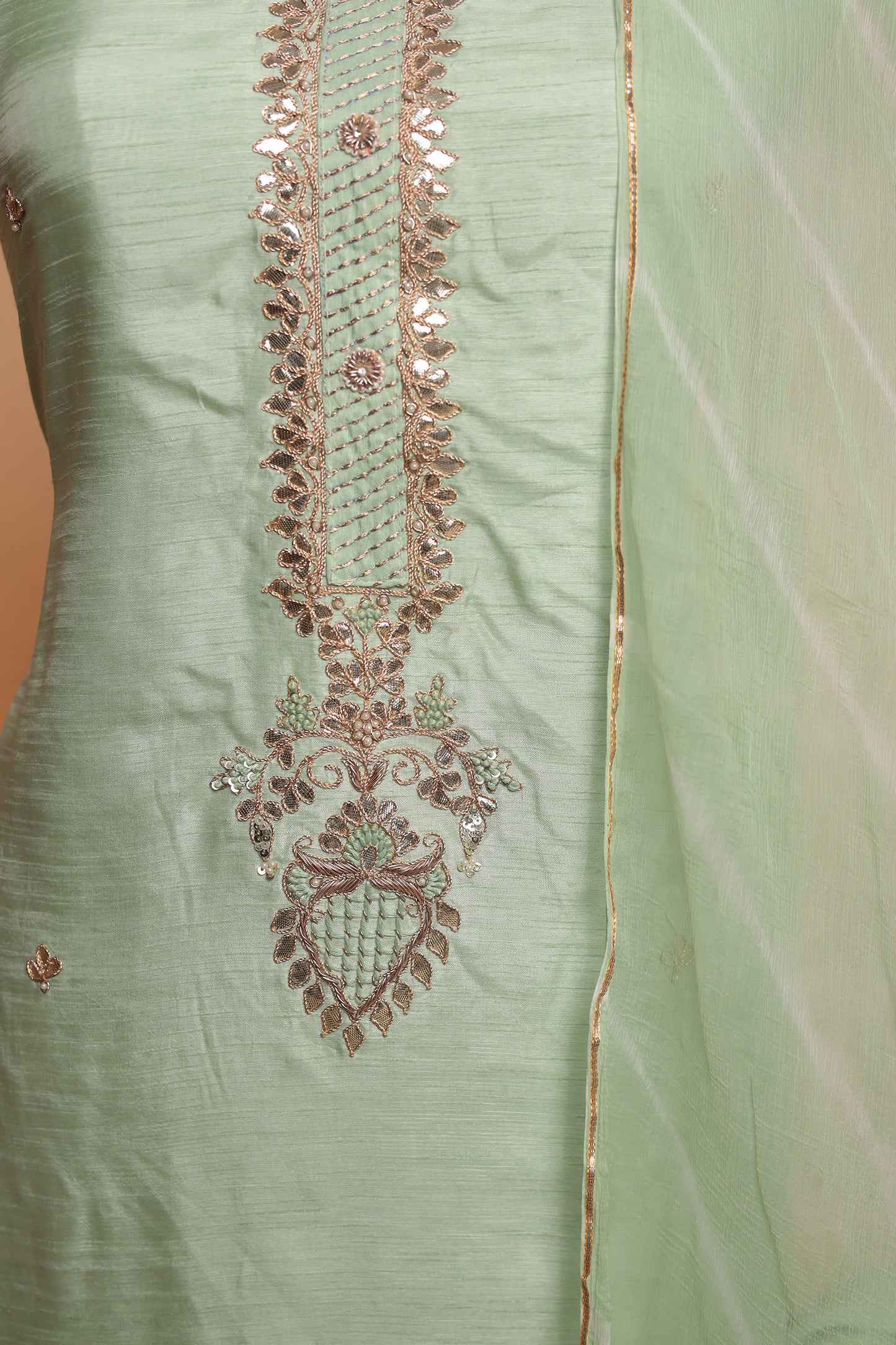 Pista Green Chanderi Silk Unstitched Suit Set with Heavy Resham Embroidery & Dupatta