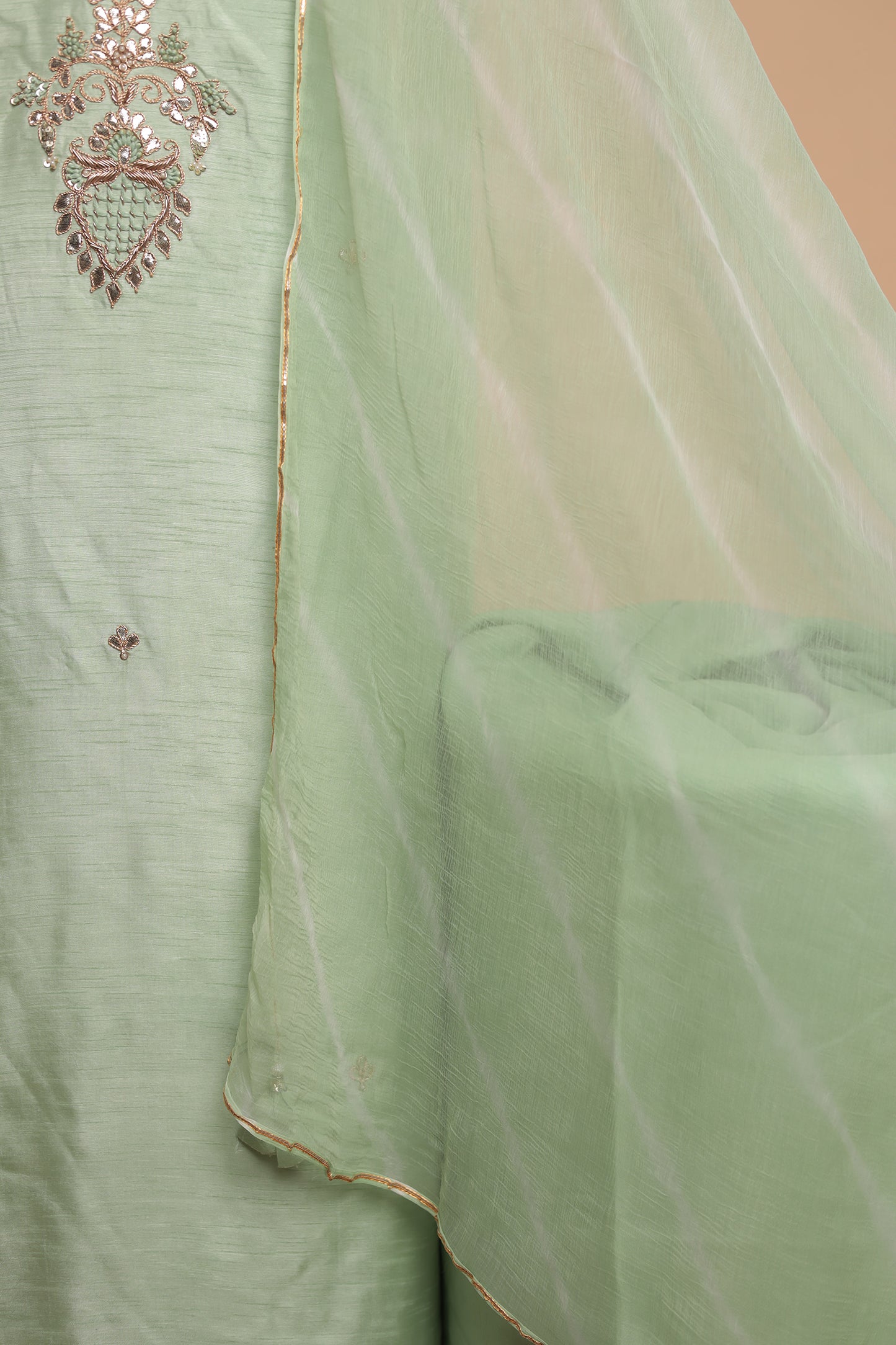 Pista Green Chanderi Silk Unstitched Suit Set with Heavy Resham Embroidery & Dupatta