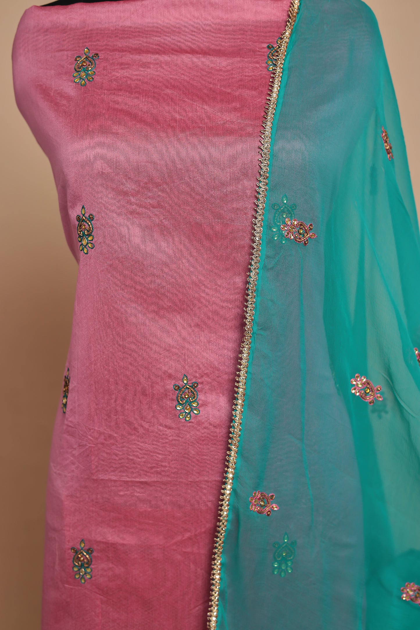 Pink Chanderi Silk Unstitched Suit Set, Embroidered Salwar Kameez Material