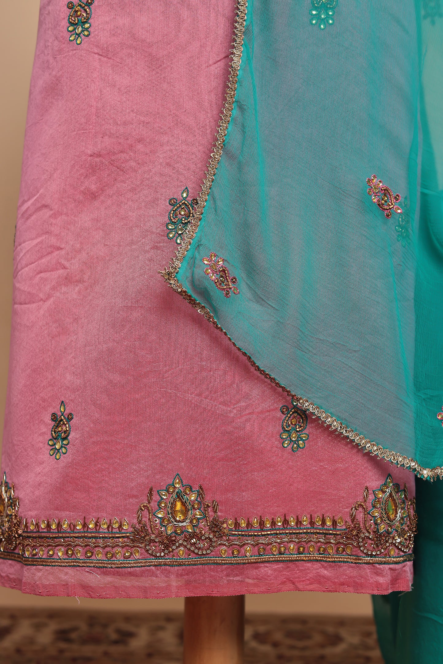 Pink Chanderi Silk Unstitched Suit Set, Embroidered Salwar Kameez Material