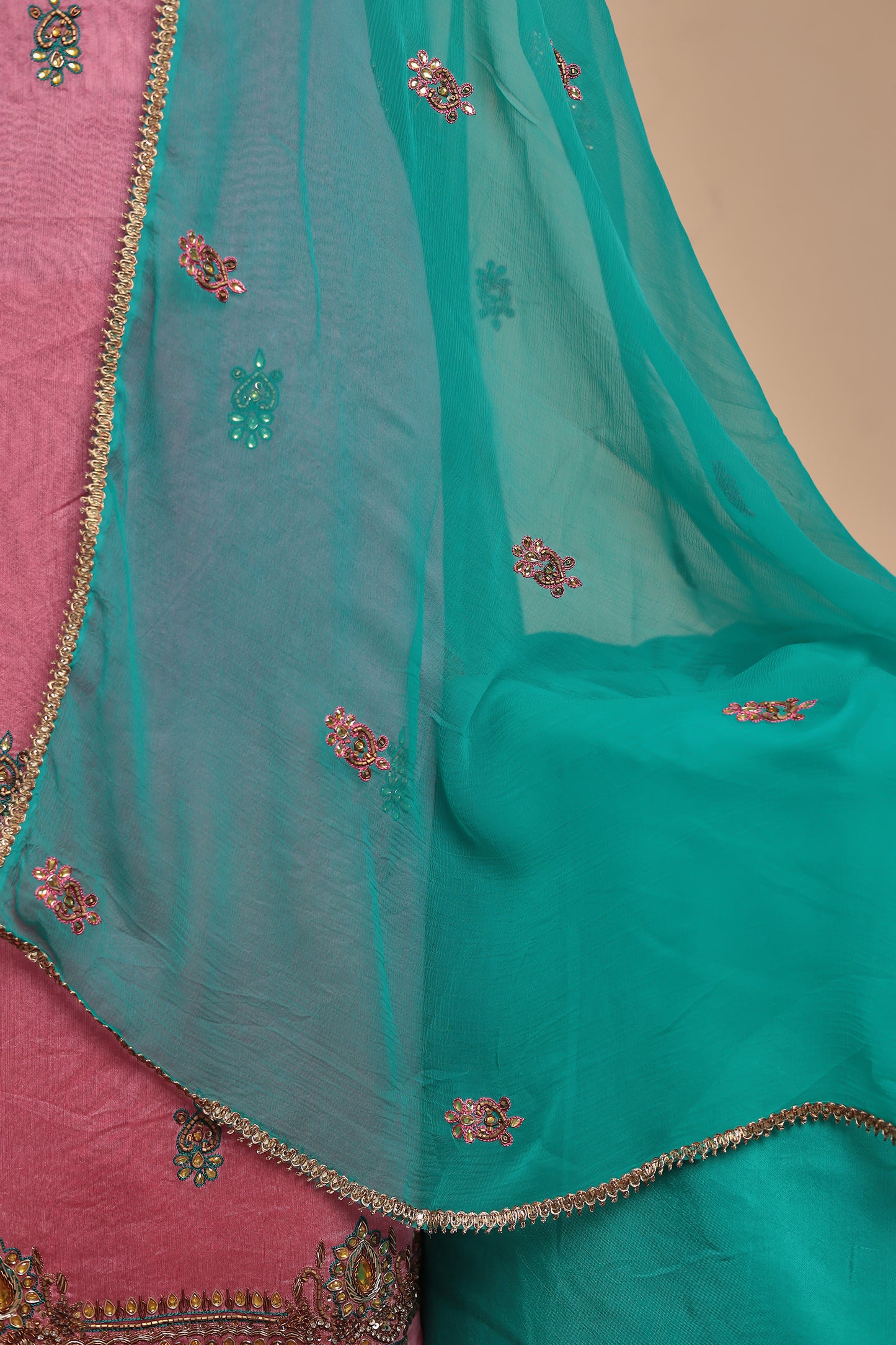 Pink Chanderi Silk Unstitched Suit Set, Embroidered Salwar Kameez Material