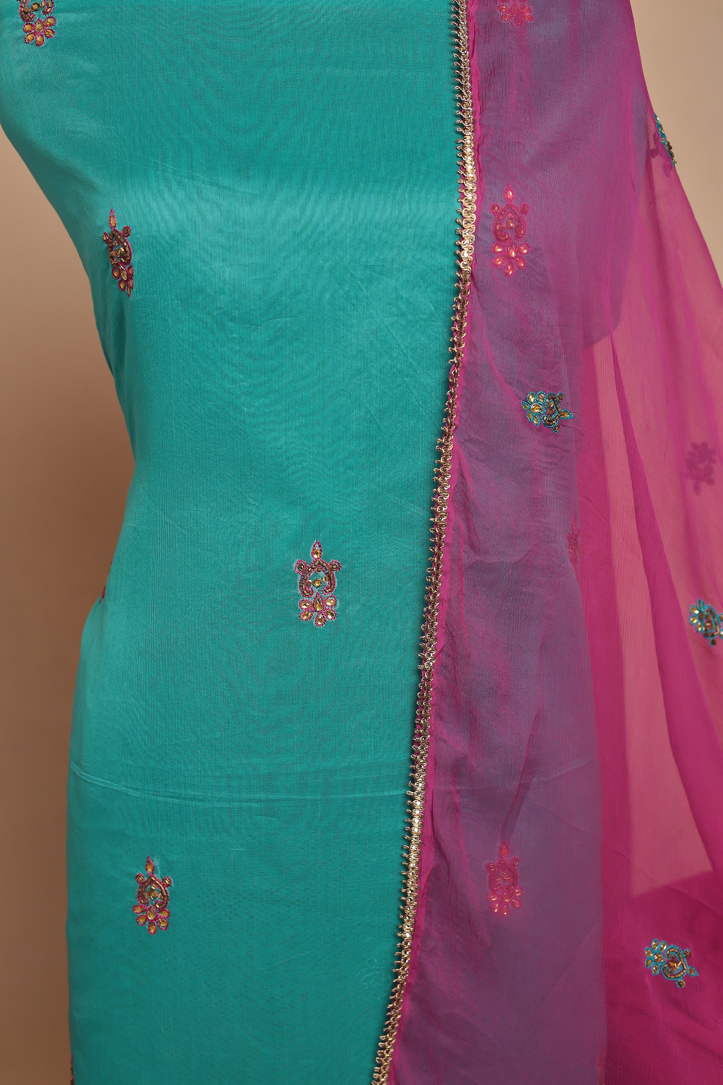 Turquoise Pink Embroidered Unstitched Suit Set, Chanderi Silk Salwar Kameez