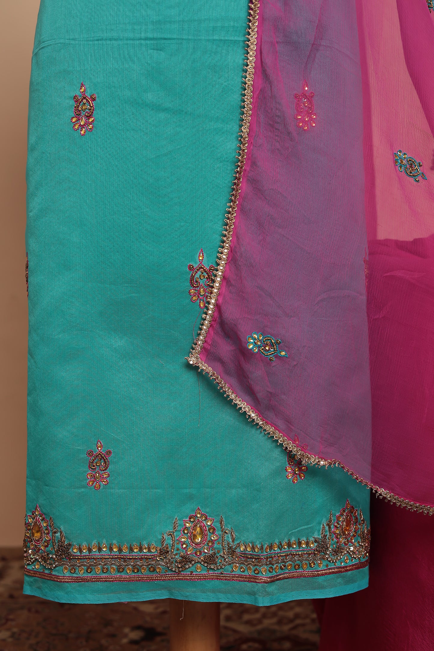 Turquoise Pink Embroidered Unstitched Suit Set, Chanderi Silk Salwar Kameez