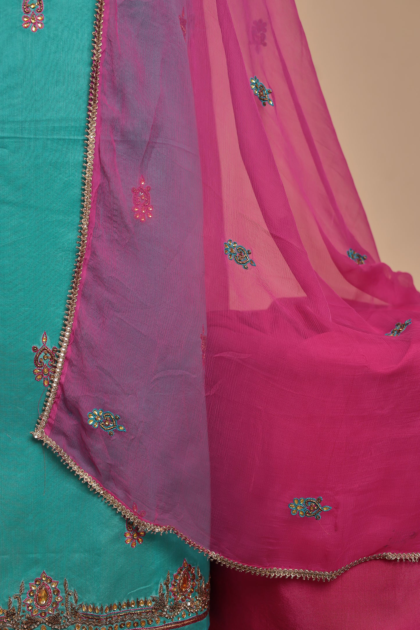 Turquoise Pink Embroidered Unstitched Suit Set, Chanderi Silk Salwar Kameez