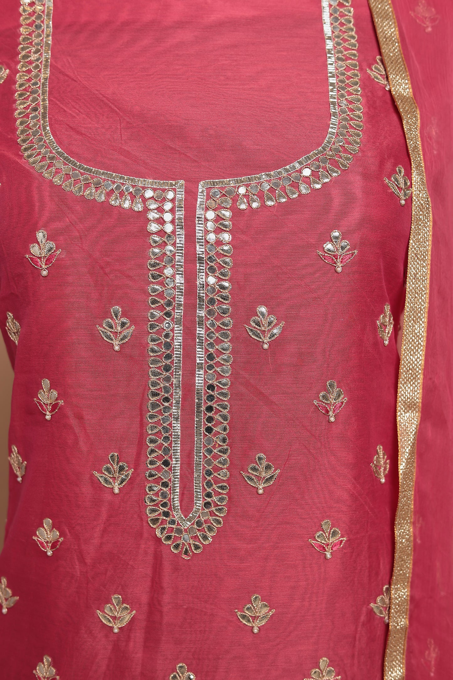 Vibrant Rani Pink Unstitched Suit Set with Gota Work & Dupatta | Luxurious Festive & Party Wear Salwar Kameez Material