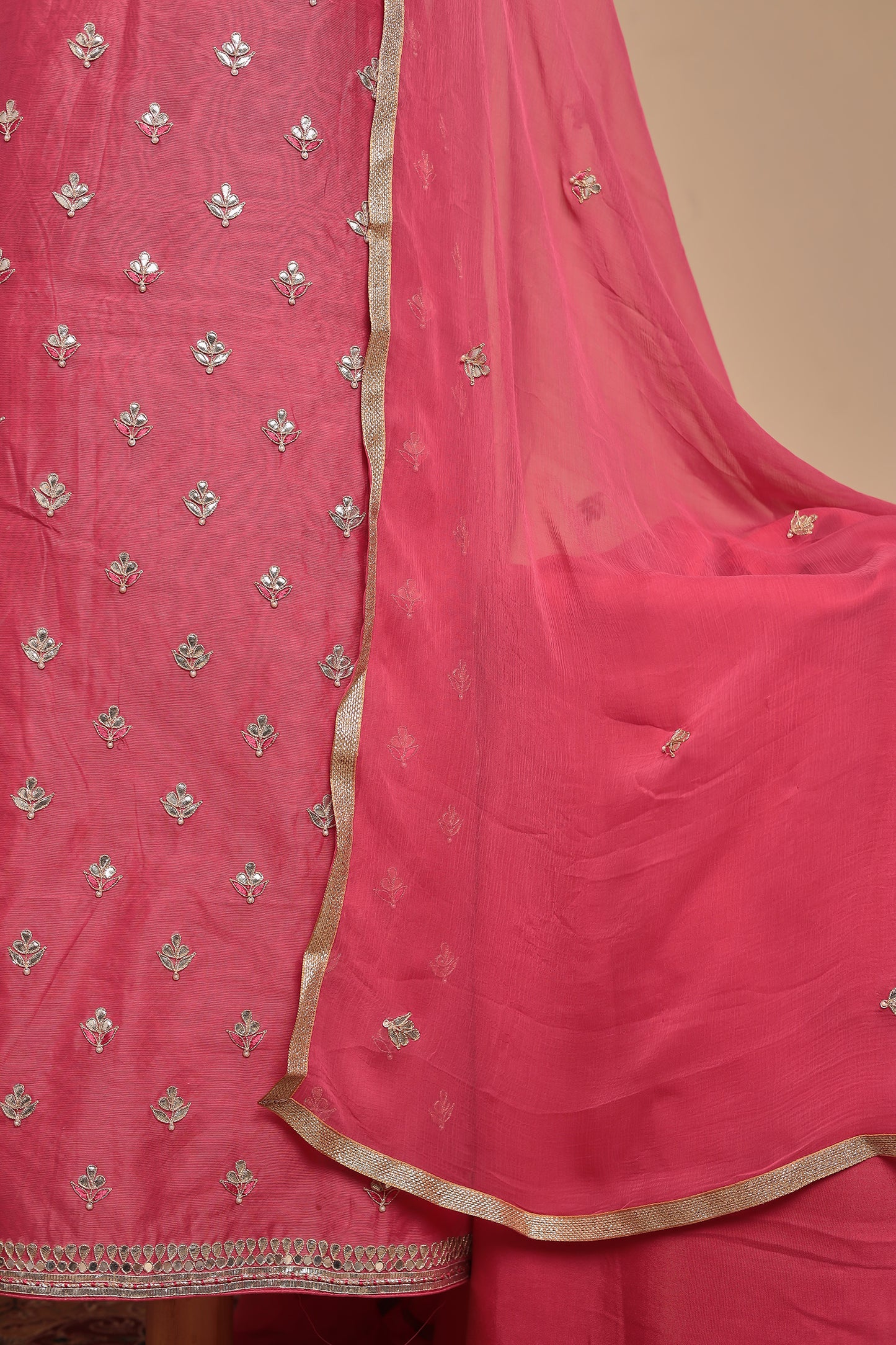 Vibrant Rani Pink Unstitched Suit Set with Gota Work & Dupatta | Luxurious Festive & Party Wear Salwar Kameez Material