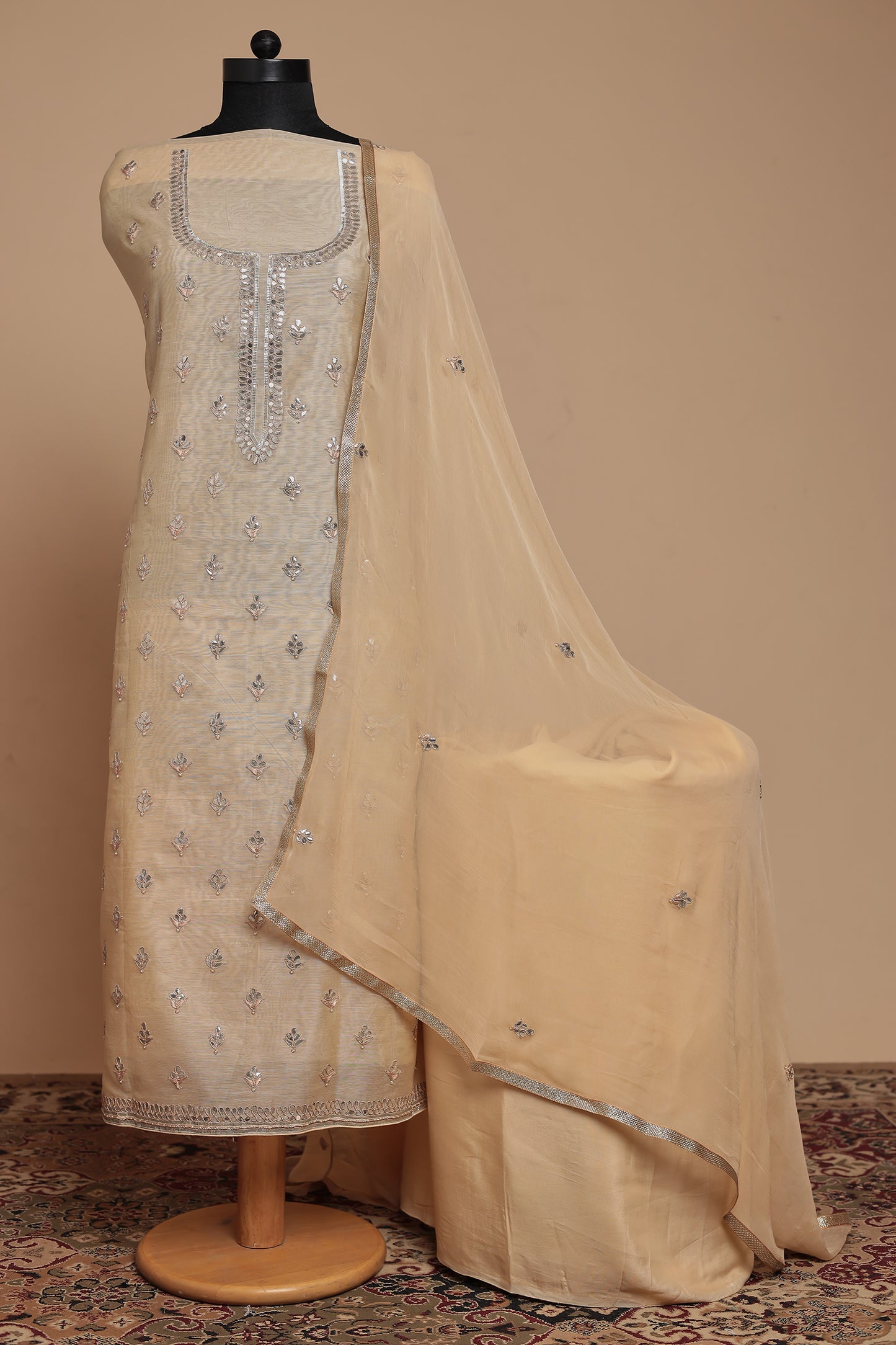 Elegant Ivory/Cream Unstitched Suit Set with Silver Gota Work & Dupatta | Luxurious Festive & Party Wear Salwar Kameez Material