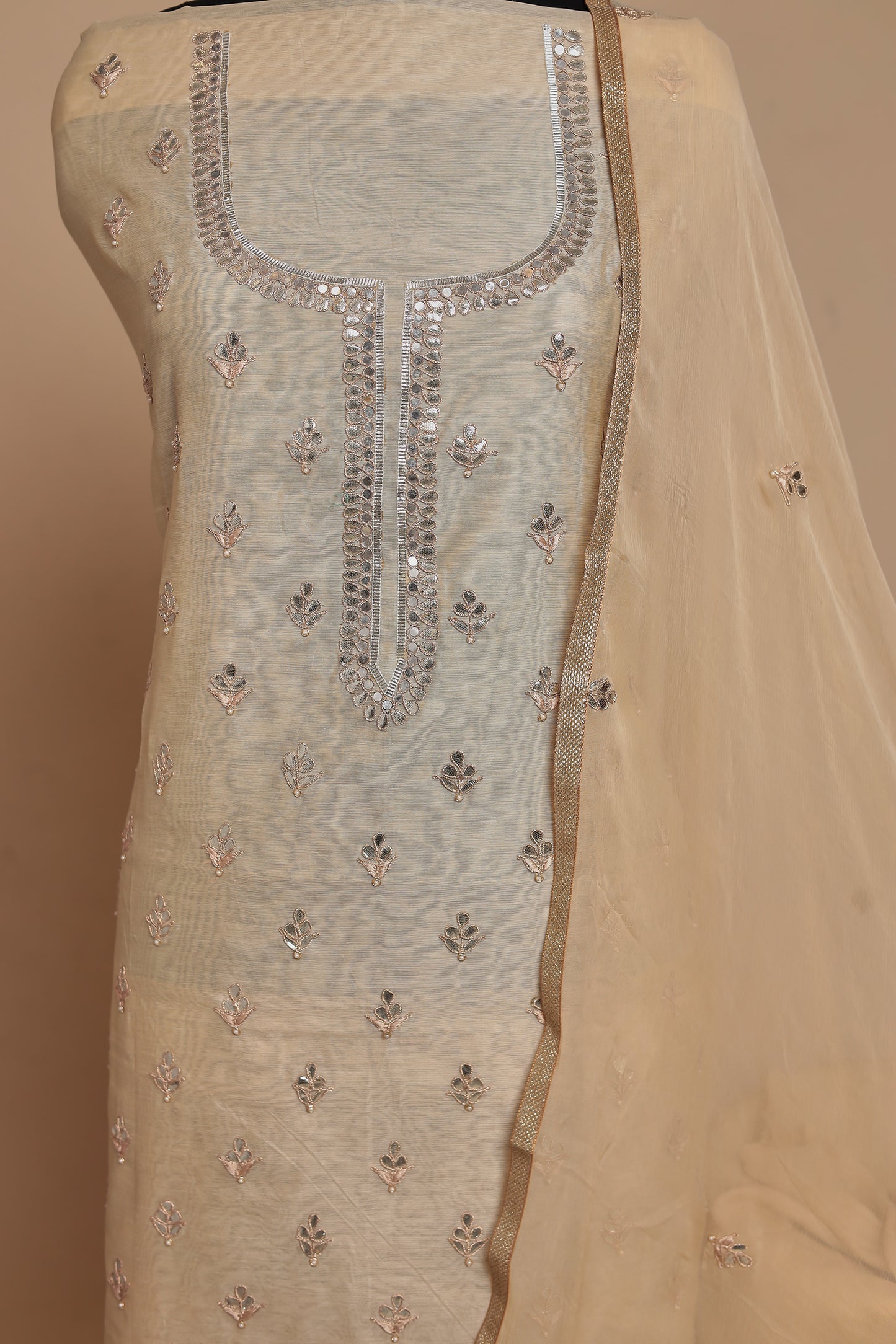 Elegant Ivory/Cream Unstitched Suit Set with Silver Gota Work & Dupatta | Luxurious Festive & Party Wear Salwar Kameez Material