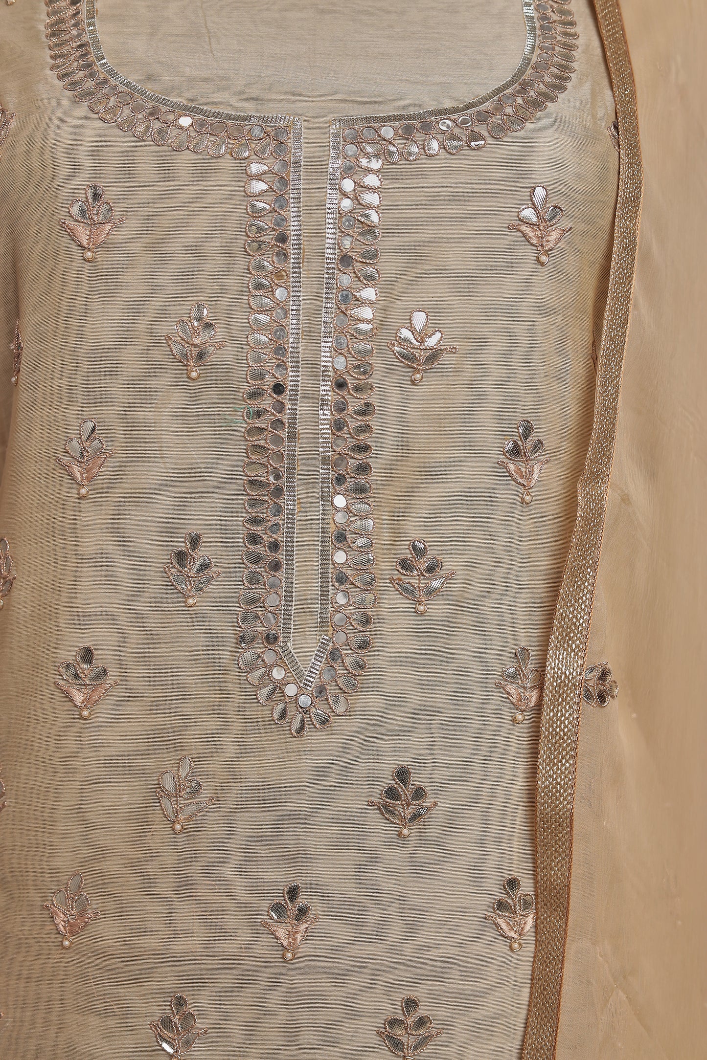 Elegant Ivory/Cream Unstitched Suit Set with Silver Gota Work & Dupatta | Luxurious Festive & Party Wear Salwar Kameez Material