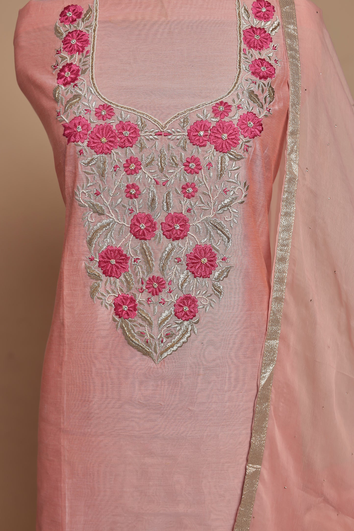 Rani Pink Silk Blend Embroidered Unstitched Suit Set | Festive Wear 3-Piece Dress Material