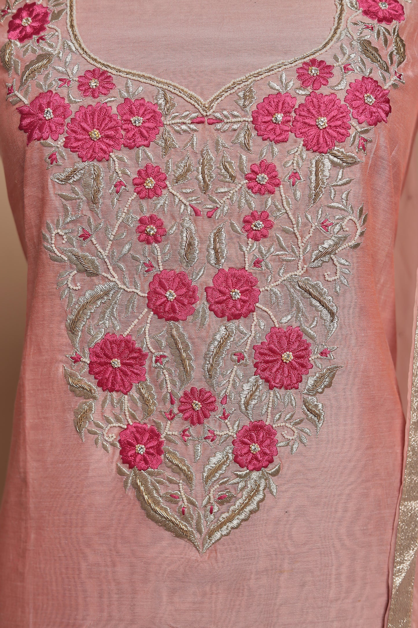 Rani Pink Silk Blend Embroidered Unstitched Suit Set | Festive Wear 3-Piece Dress Material