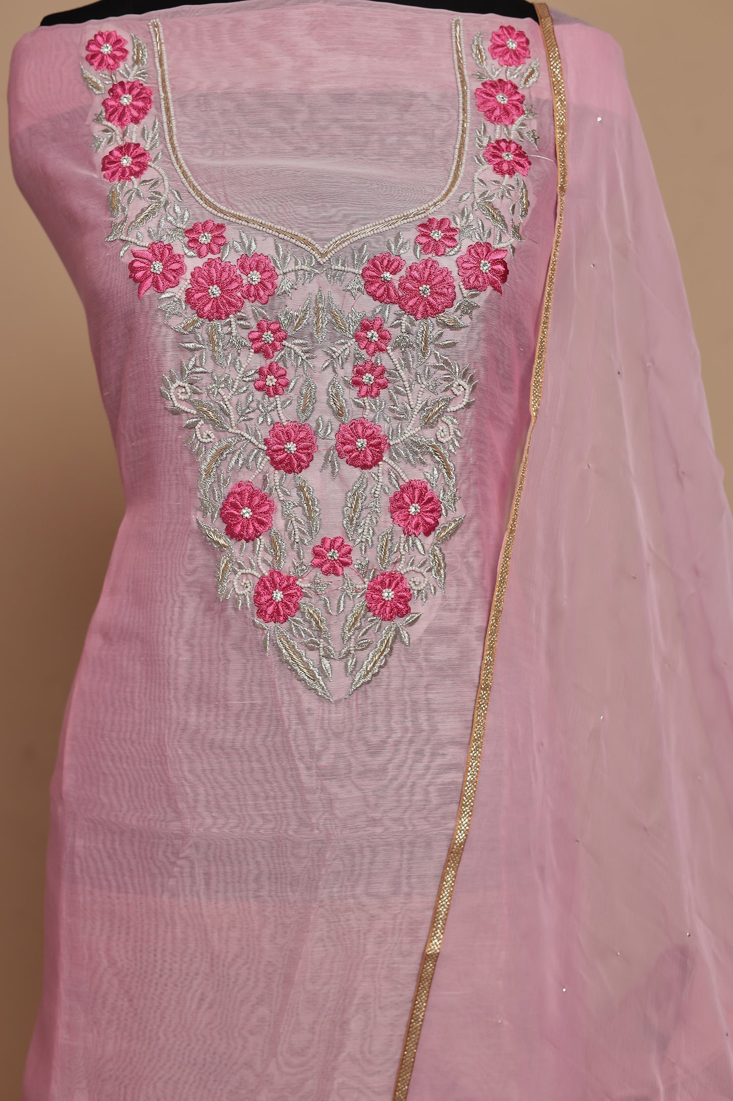 Luxurious Pink Chanderi Dress Material for Women | Festive Salwar Suit with Zari Work