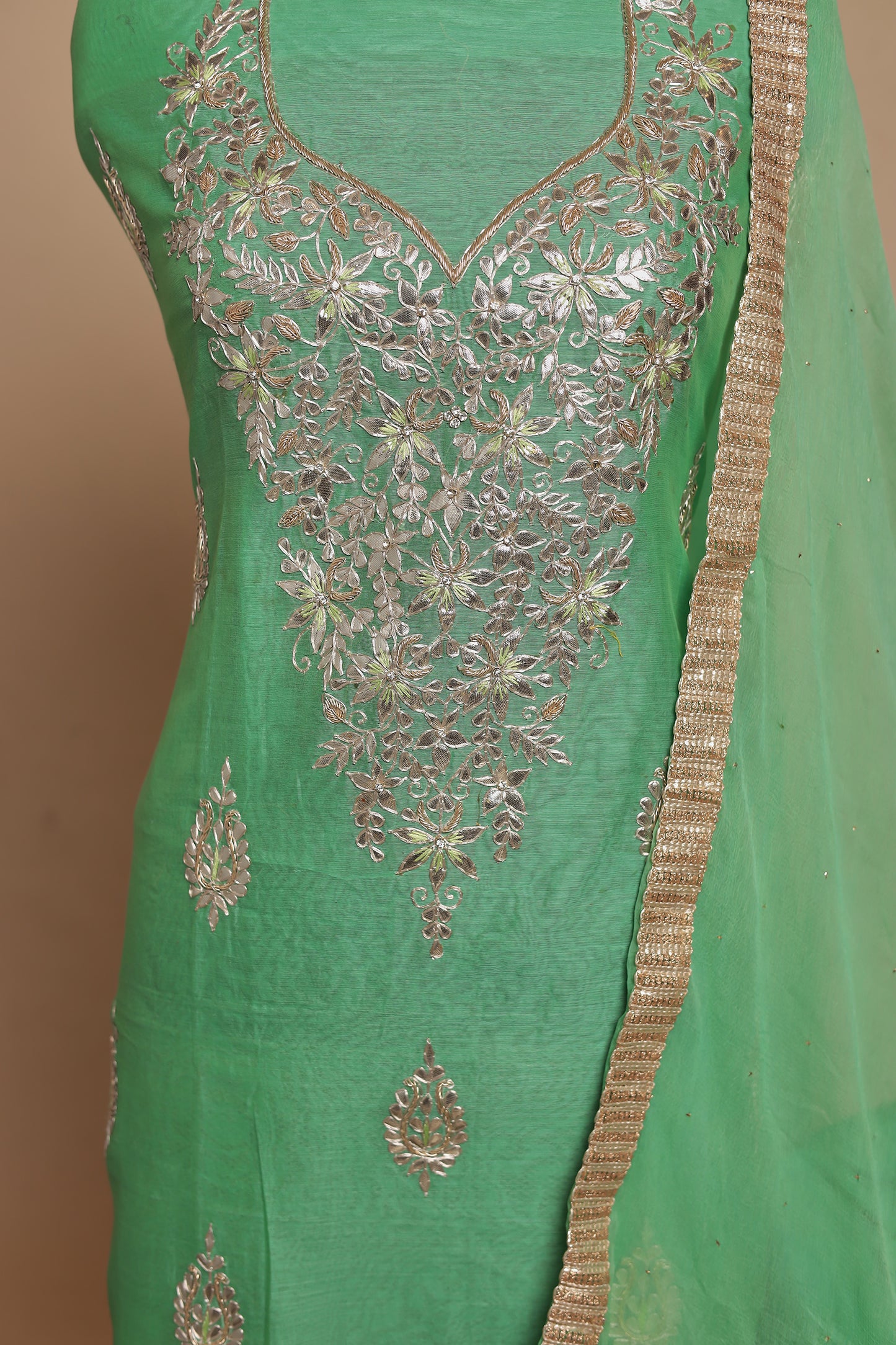 Mint Green Chanderi Silk Unstitched Salwar Suit Set with Elegant Silver Zari Embroidery & Dupatta