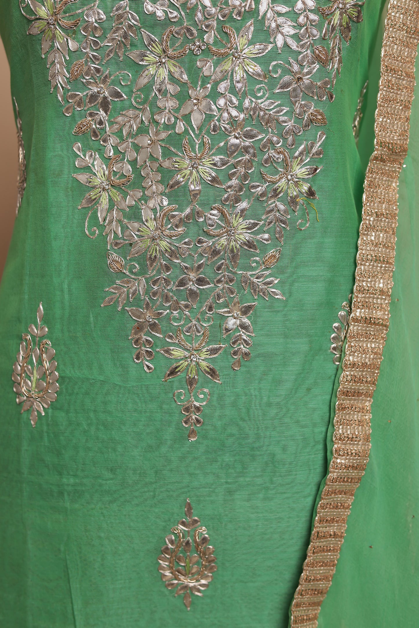 Mint Green Chanderi Silk Unstitched Salwar Suit Set with Elegant Silver Zari Embroidery & Dupatta