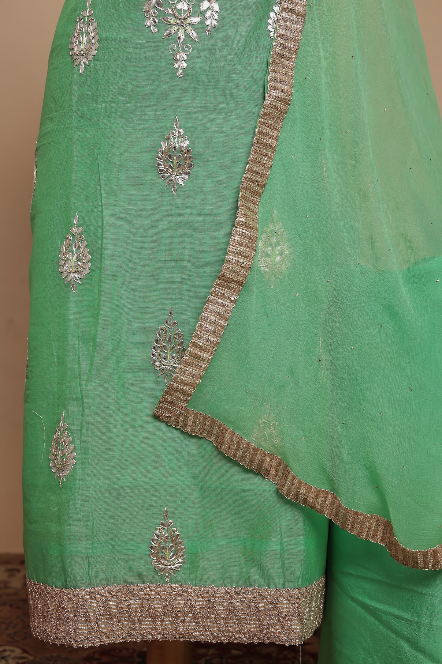 Mint Green Chanderi Silk Unstitched Salwar Suit Set with Elegant Silver Zari Embroidery & Dupatta