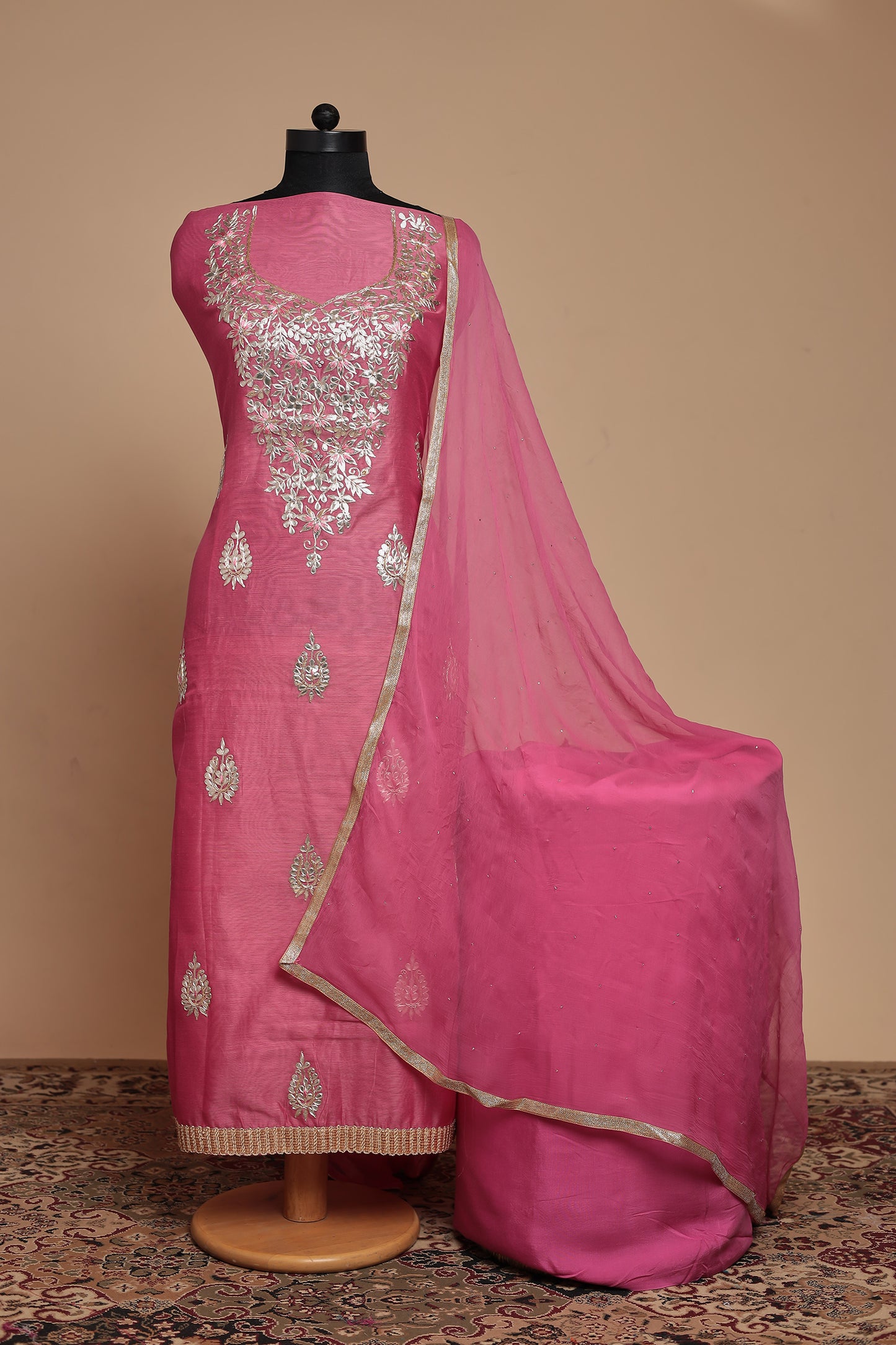 Pink Chanderi Silk Unstitched Suit Set, Zari Work Salwar Kameez