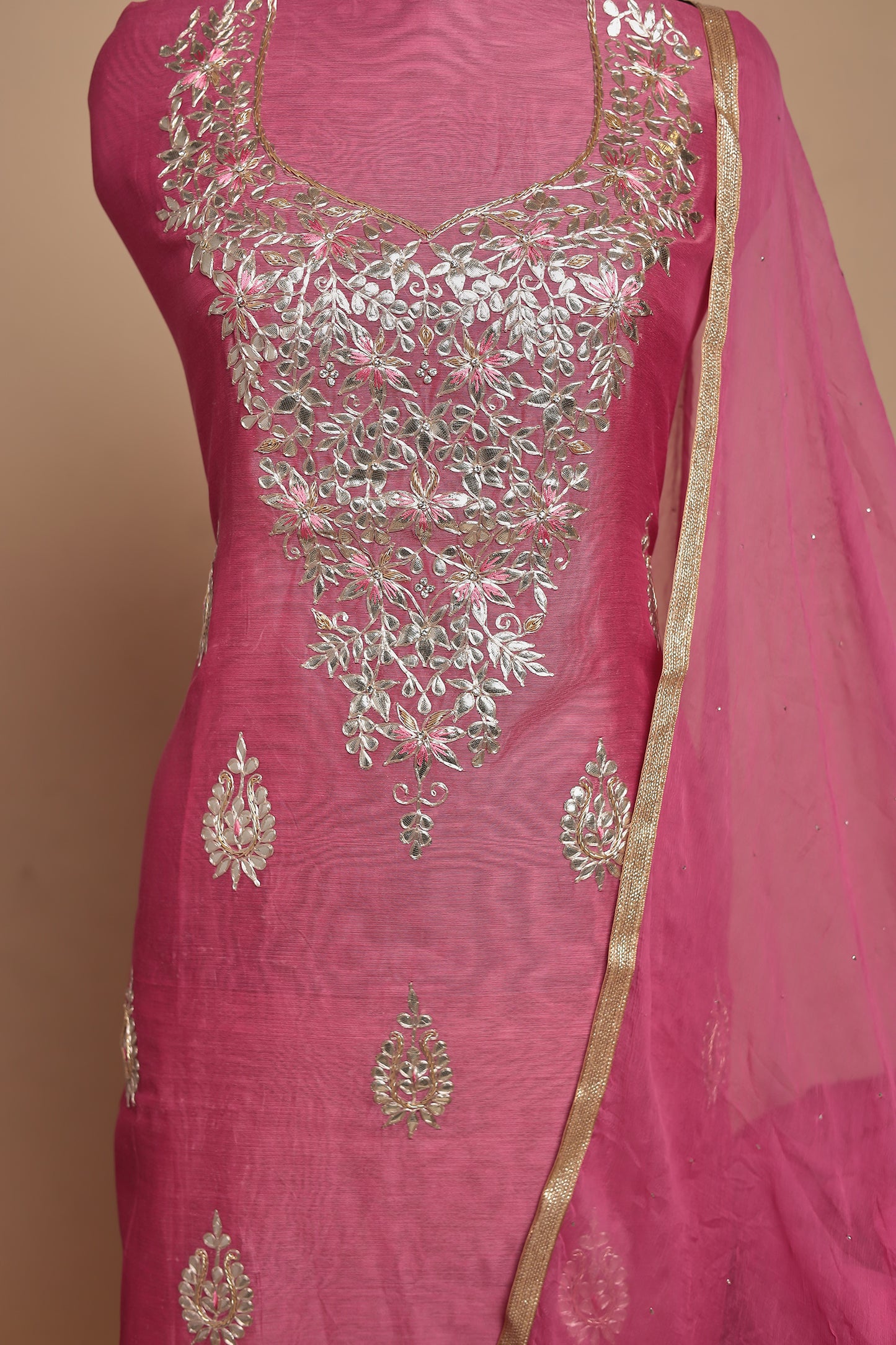 Pink Chanderi Silk Unstitched Suit Set, Zari Work Salwar Kameez
