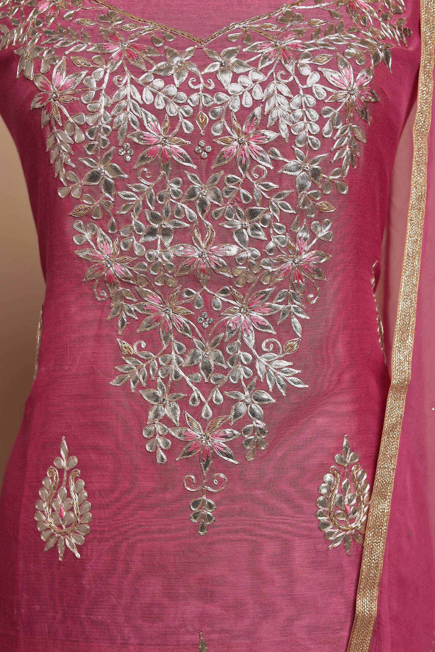 Pink Chanderi Silk Unstitched Suit Set, Zari Work Salwar Kameez