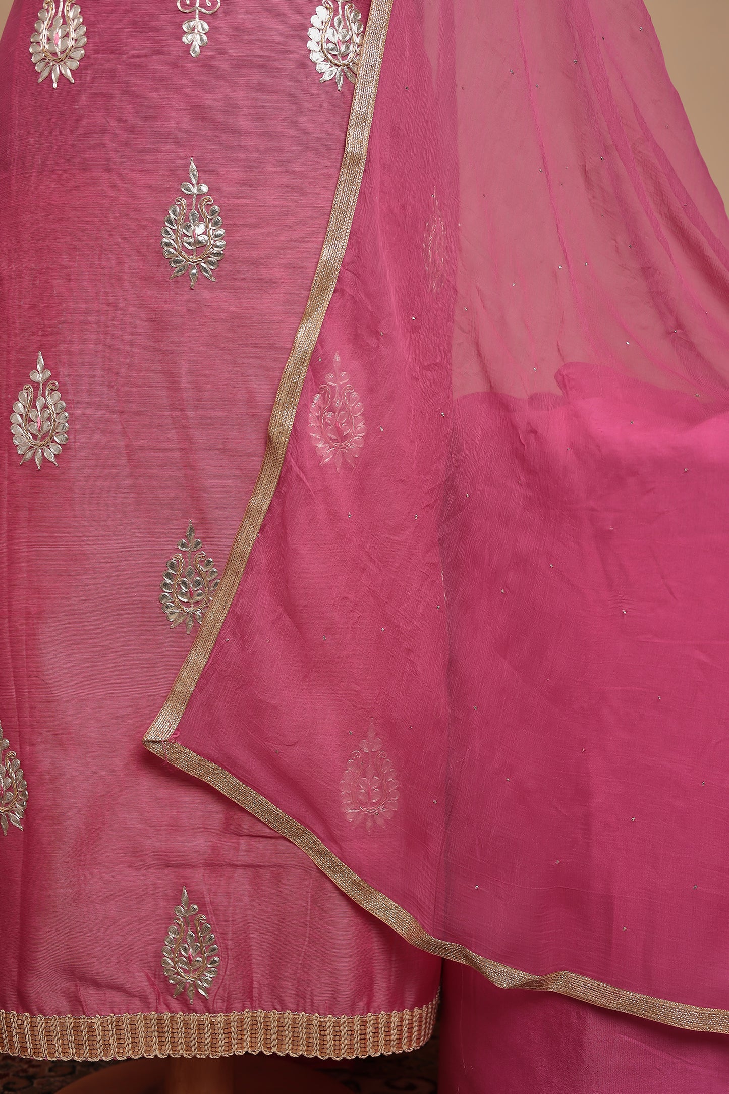 Pink Chanderi Silk Unstitched Suit Set, Zari Work Salwar Kameez