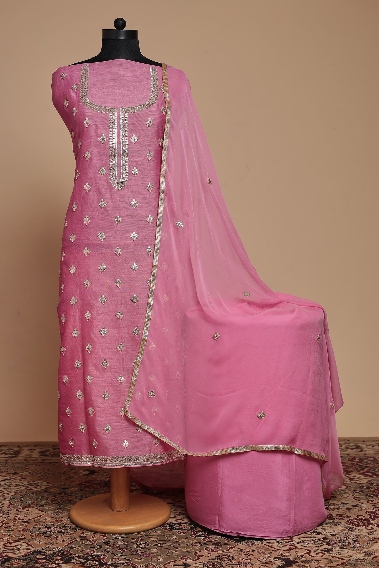 Vibrant Fuchsia Pink Unstitched Suit Set with Silver Mirror Work | Latest Designer Party Wear Salwar Kameez Dress Material