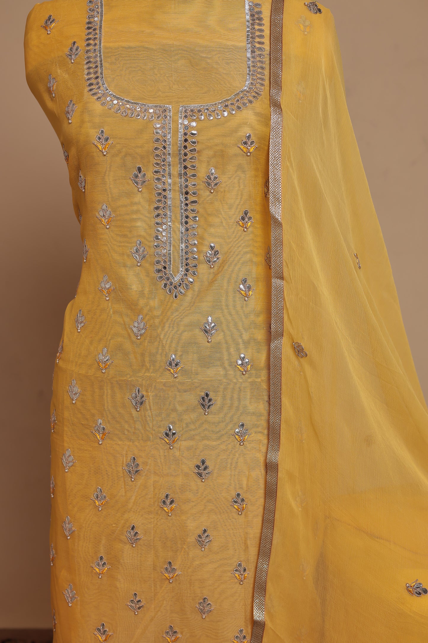 Vibrant Mustard Yellow Unstitched Suit Set with Silver Mirror Work | Trending Haldi & Mehendi Dress Material