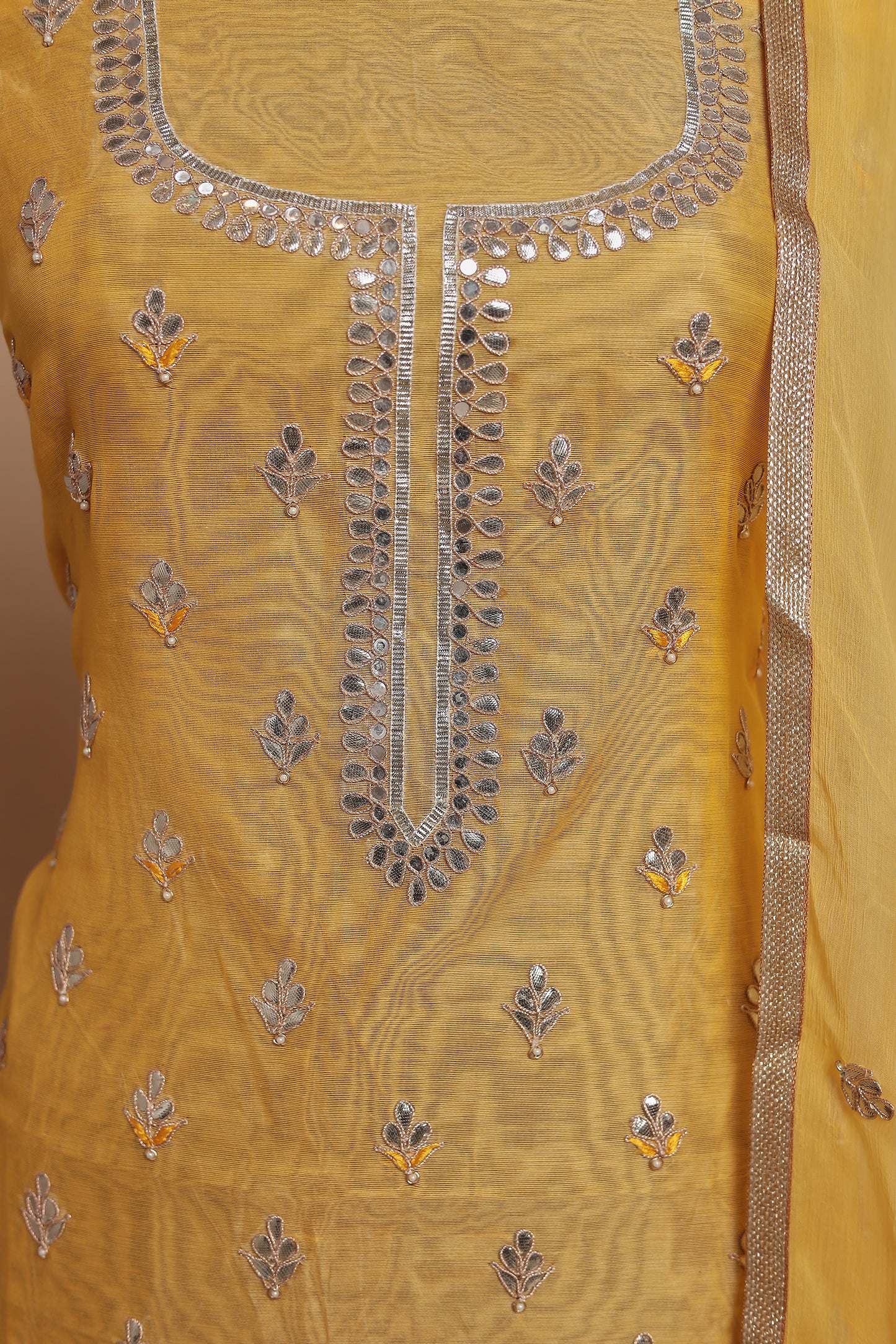 Vibrant Mustard Yellow Unstitched Suit Set with Silver Mirror Work | Trending Haldi & Mehendi Dress Material