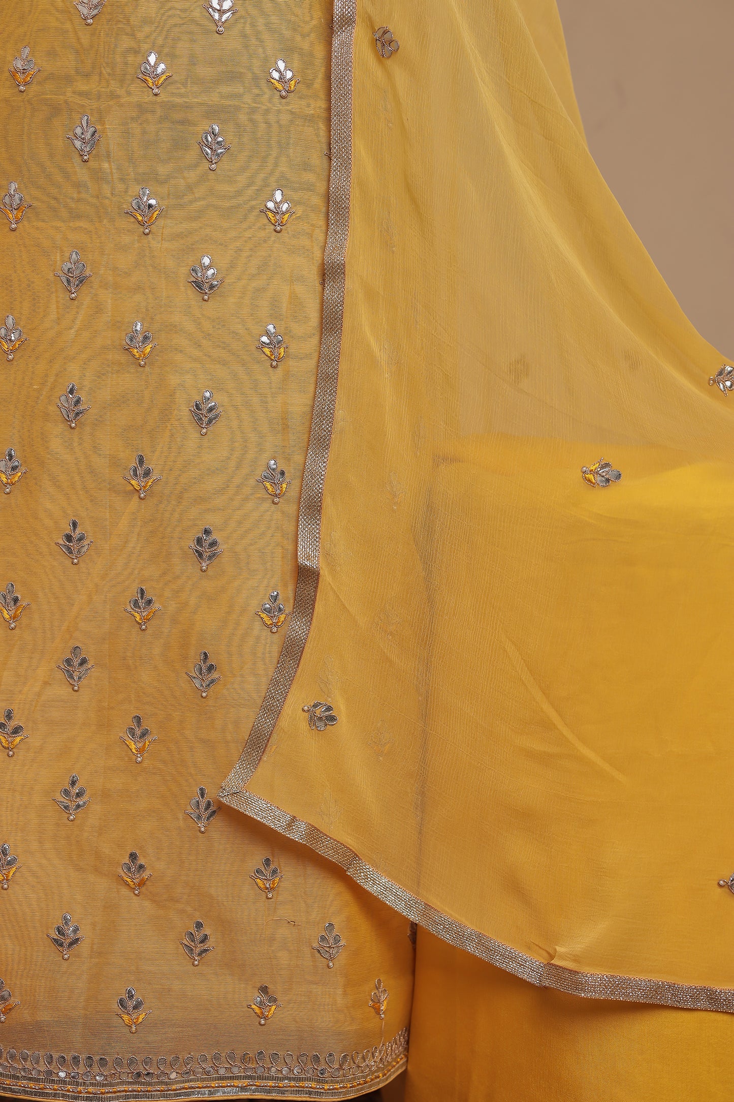 Vibrant Mustard Yellow Unstitched Suit Set with Silver Mirror Work | Trending Haldi & Mehendi Dress Material