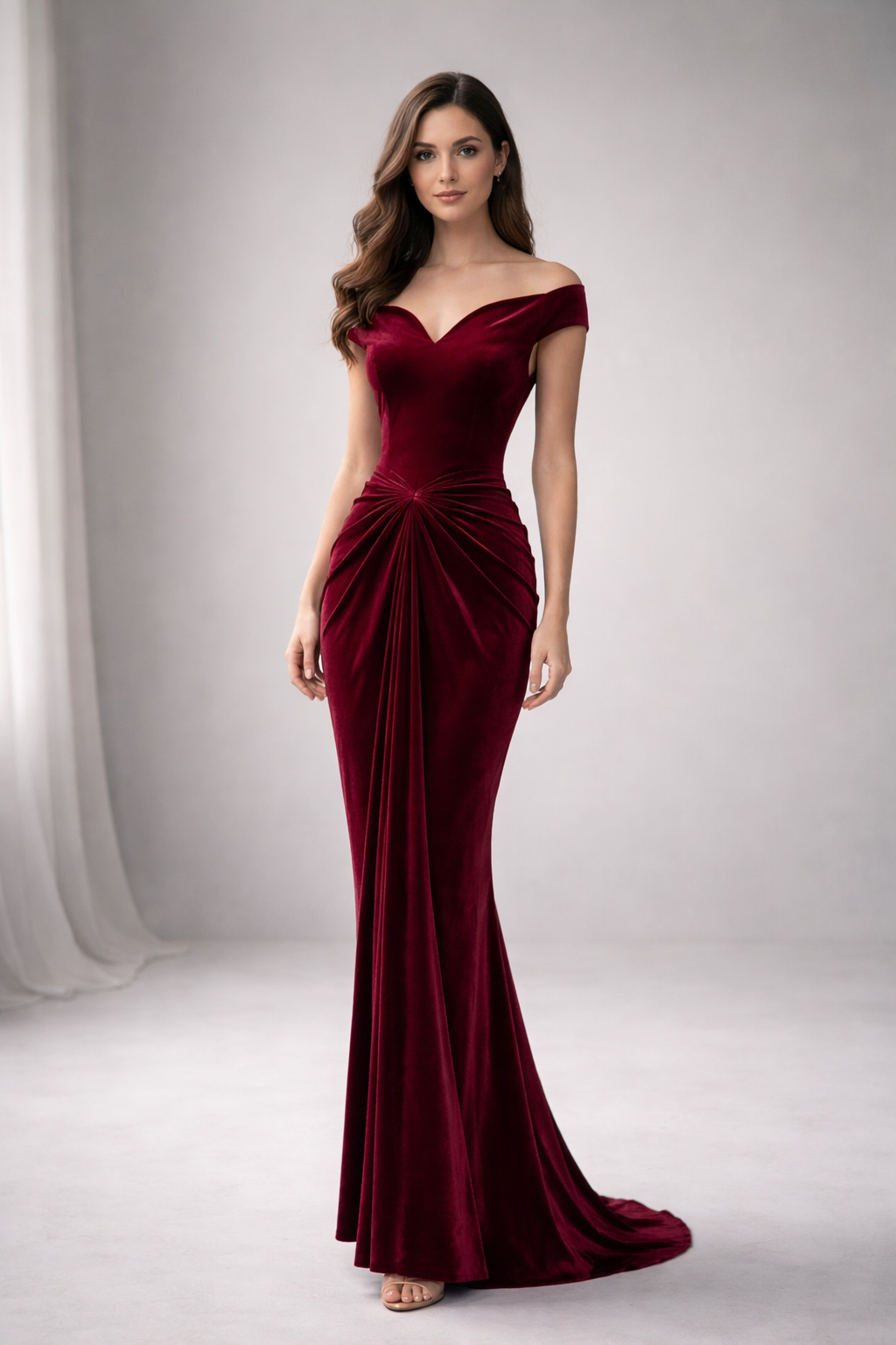 Burgundy Velvet Luxury Evening Gown for Women – Off-Shoulder Sculpted Fit Dress