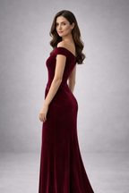 Burgundy Velvet Luxury Evening Gown for Women – Off-Shoulder Sculpted Fit Dress