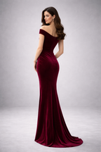 Burgundy Velvet Luxury Evening Gown for Women – Off-Shoulder Sculpted Fit Dress